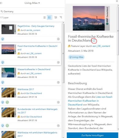 ArcGIS online Suche nach Germany mit Detailansicht